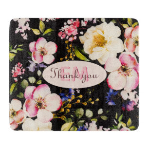 Planche À Découper Aquarelle Roses rose et jaune sur Noir, Anniversai