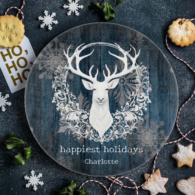 Planche À Découper Aquarelle rustique Rinder blanc Personnaliser Bleu (Blue Rustic Watercolor White Reindeer Cutting Board)
