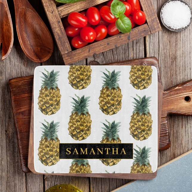 Planche À Découper Aquarelle tropicale Motif ananas avec nom (Créateur téléchargé)