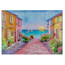 Aquarelle Village au bord de mer au coucher du sol