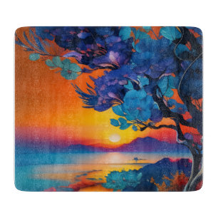 Planche À Découper Arbre à fleurs au lac au lever du soleil
