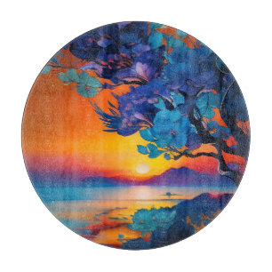 Planche À Découper Arbre à fleurs au lac au lever du soleil