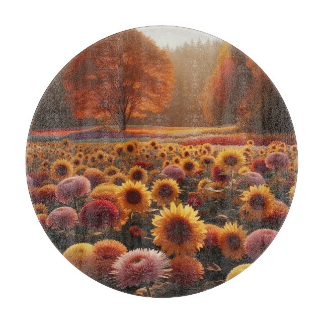 Planche À Découper Arbres d'automne/champ avec mums (Devant)
