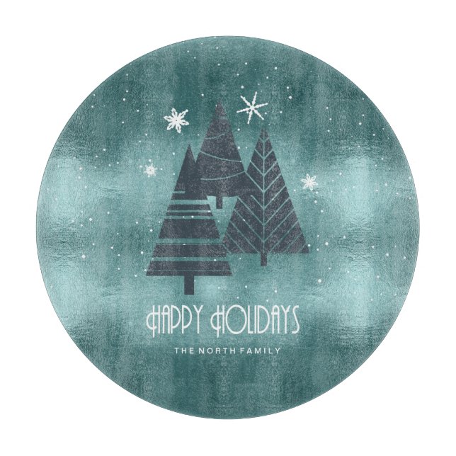 Planche À Découper Arbres de Noël et flocons de neige Turquoise ID863 (Devant)