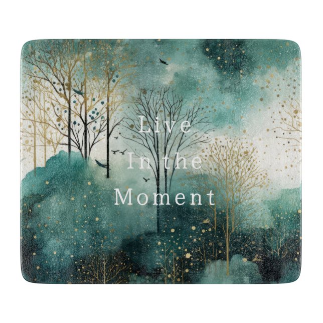 Planche À Découper Arbres de Noël Verts Dorés avec Oiseaux (Devant)