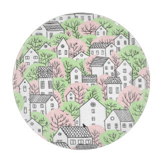 Planche À Découper Arbres, maisons, paysage de la ville de printemps