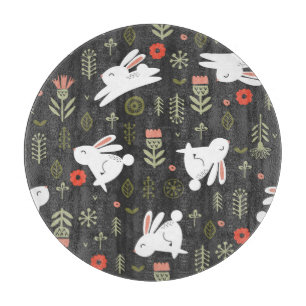 Planche À Découper Arrière - plan foncé, lapins blancs, vintage flora