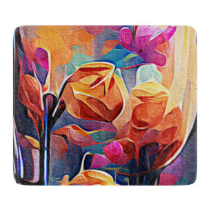 Planche À Découper Art abstrait floral Fleurs orange rouge bleu