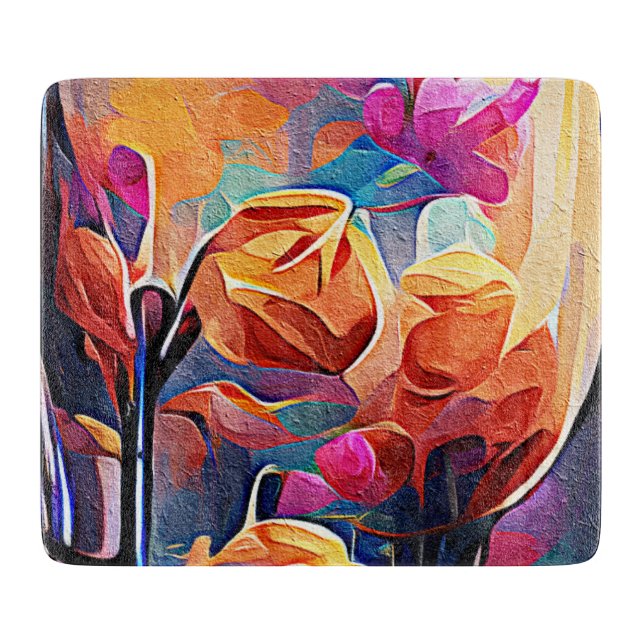 Planche À Découper Art abstrait floral Fleurs orange rouge bleu (Devant)
