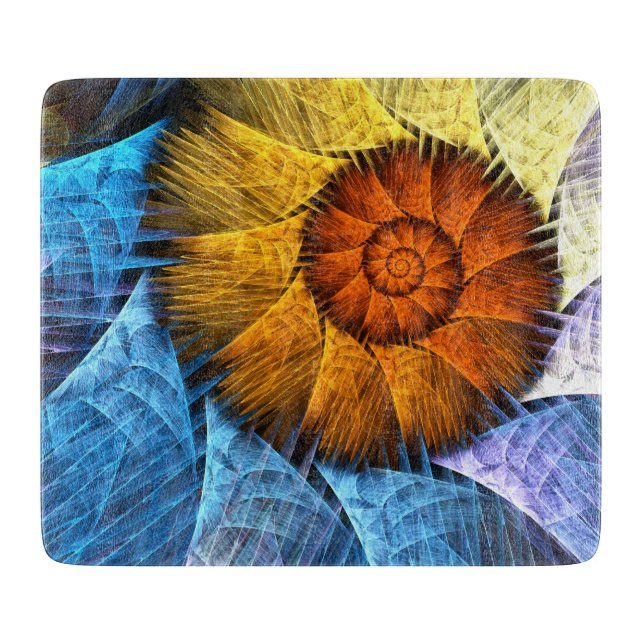 Planche À Découper Art abstrait floral orange jaune bleu (Devant)