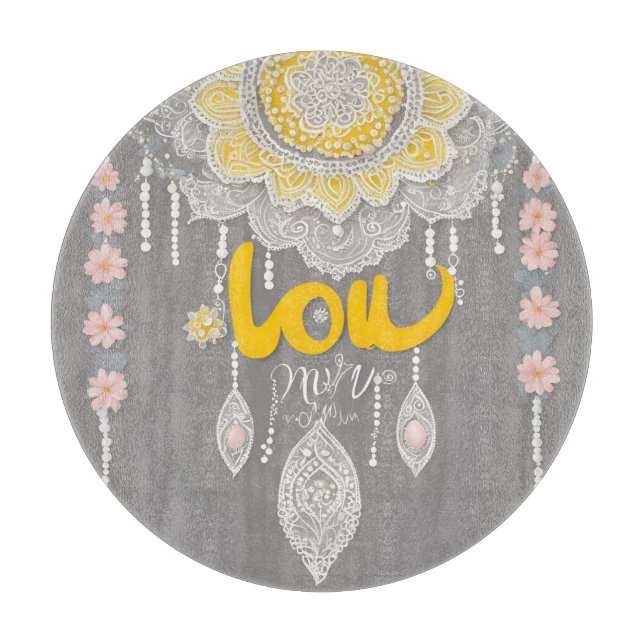 Planche À Découper Art AI mandala en dentelle jaune moutarde boho  (Devant)