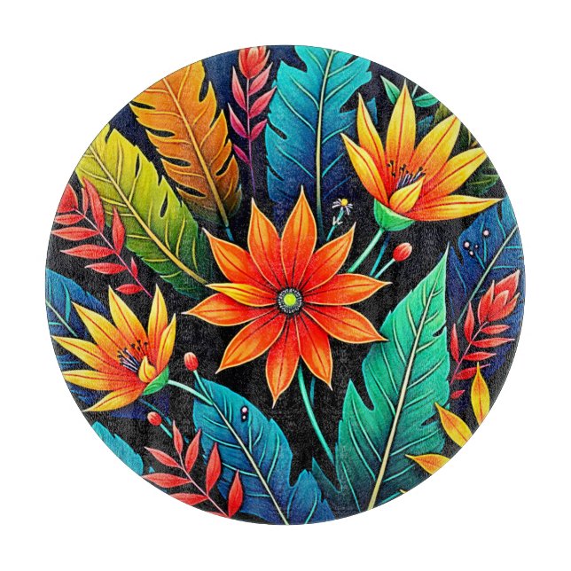Planche À Découper Art de fleurs tropicales vibrantes (Devant)