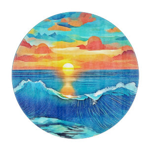 Planche À Découper Art de vague de coucher de soleil océanique