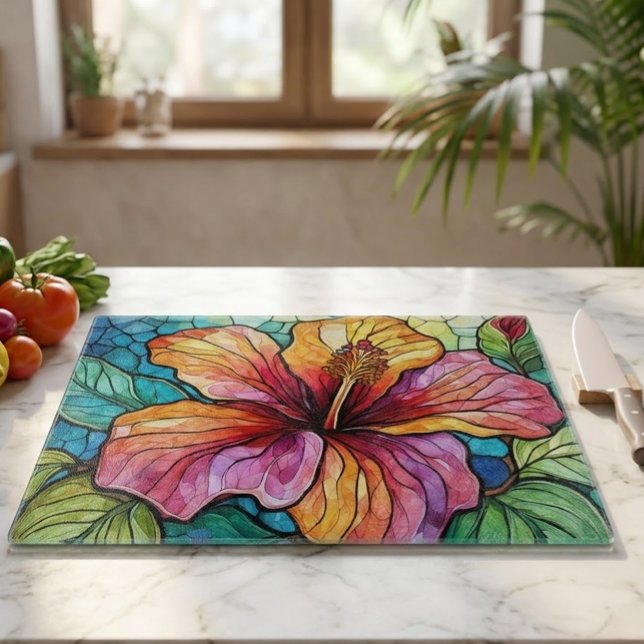 Planche À Découper Art de vitrail hibiscus (stained glass art style hibiscus cutting board)