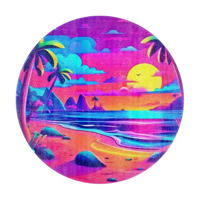 Planche À Découper Art du coucher de soleil sur la plage de Neon (Devant)