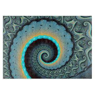 Planche À Découper Art fractal abstrait bleu turquoise orange en spir