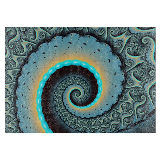 Planche À Découper Art fractal abstrait bleu turquoise orange en spir (Devant)