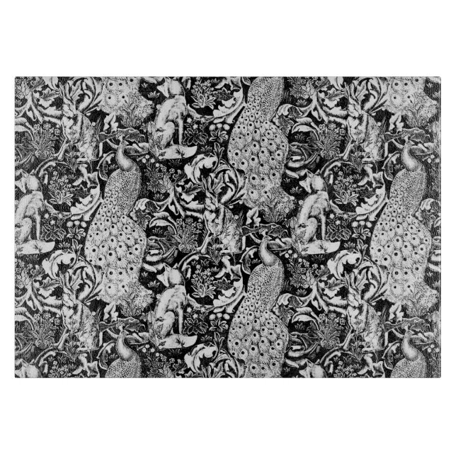 Planche À Découper Art Nouveau Peacock Print, noir et blanc (Devant)