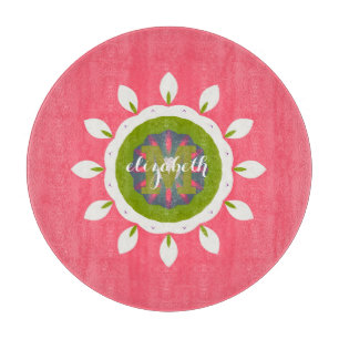 Planche À Découper Assez Rose Blanc Pétales Mandala Nom Personnalisé