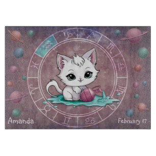 Planche À Découper Astrologique Aquarius Cute cat Zodiac Wheel Planet