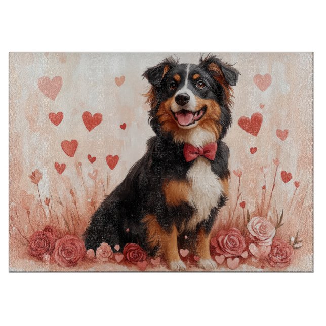 Planche À Découper Australian Shepherd avec des Roses - Saint-Valenti (Devant)