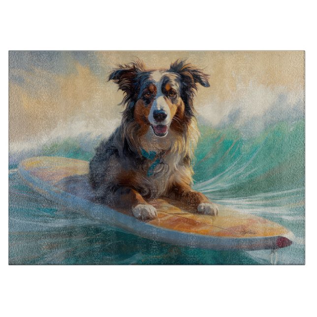 Planche À Découper Australian Shepherd Beach Surfing Peinture (Devant)