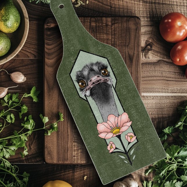 Planche À Découper Autruche Rose Fleurs Vert Olive Art Déco (Créateur téléchargé)