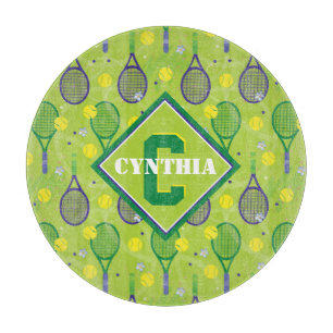 Planche À Découper Avec nom et initiale, raquettes de tennis vertes e