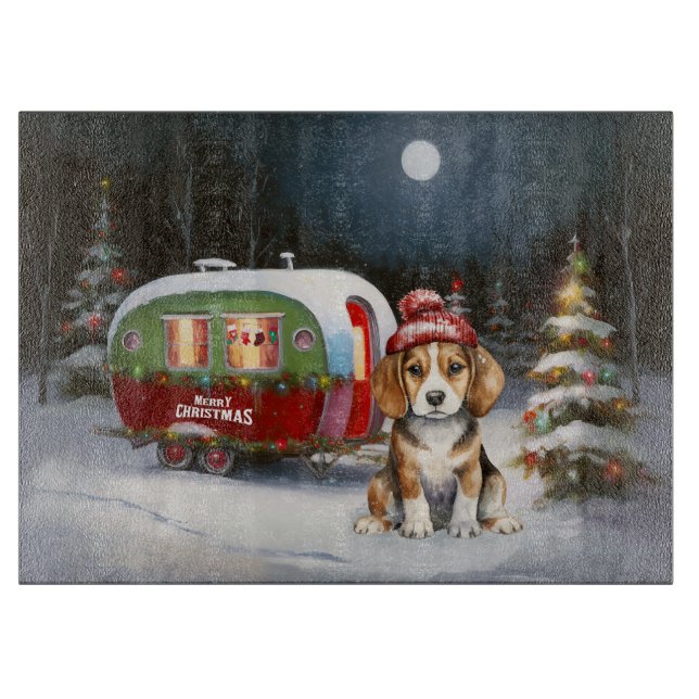 Planche À Découper Aventure de Noël de la caravane du Beagle d'hiver  (Devant)