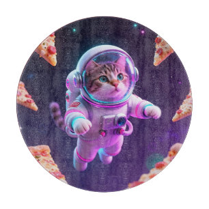 Planche À Découper Aventure spatiale de pizza avec un chat astronaute