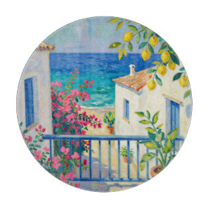 Planche À Découper Balcon Méditerranéen Bougainvillée Vue sur la Mer