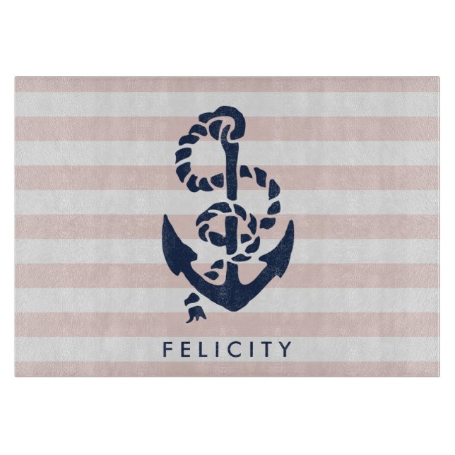 Planche À Découper Bande rose marine et Ancre marine personnalisée (Devant)