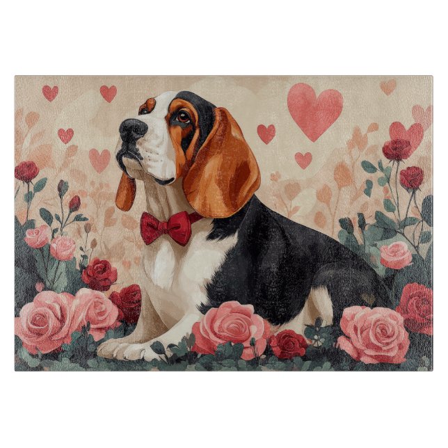 Planche À Découper Basset Hound avec des Roses - Saint-Valentin  (Devant)