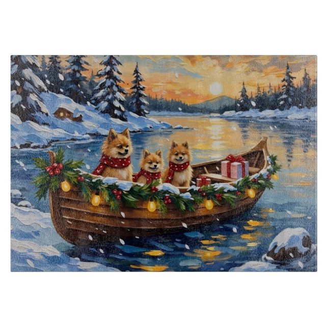Planche À Découper Bateau de Noël du Pomeranian pour les Fêtes (Devant)