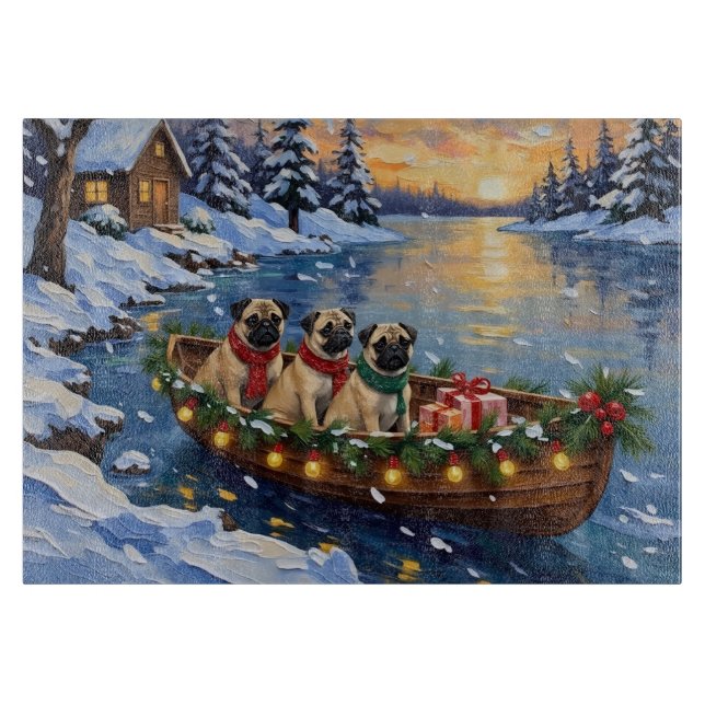 Planche À Découper Bateau de Noël Pug Fêtes (Devant)