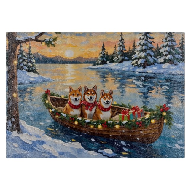 Planche À Découper Bateau de Noël Shiba Inu Vacances (Devant)
