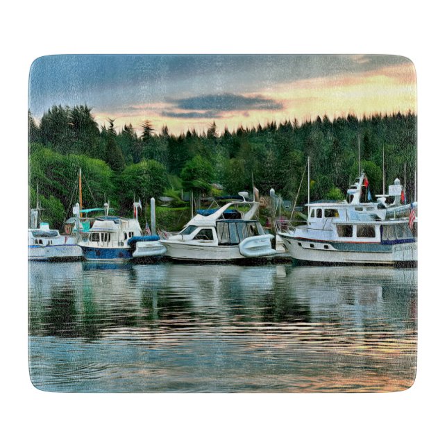 Planche À Découper Bateaux au coucher du soleil sur l'île Bainbridge (Devant)