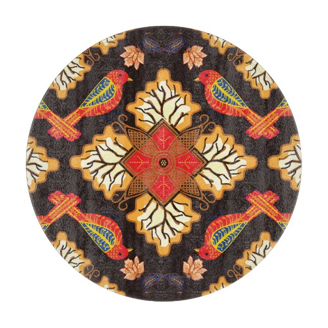 Planche À Découper Batik indonésien : motif de la faune de la flore. (Devant)