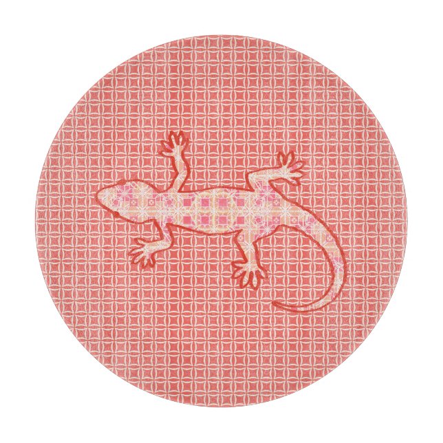 Planche À Découper Batik tribal Gecko - corail rose et crème (Devant)