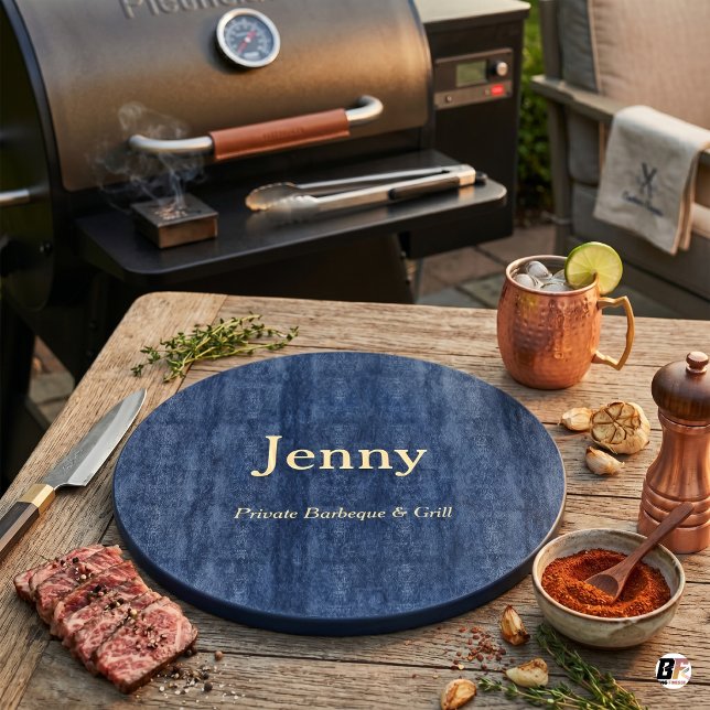 Planche À Découper BBQ & Grill personnalisé bleu foncé rond (#mother'sday)