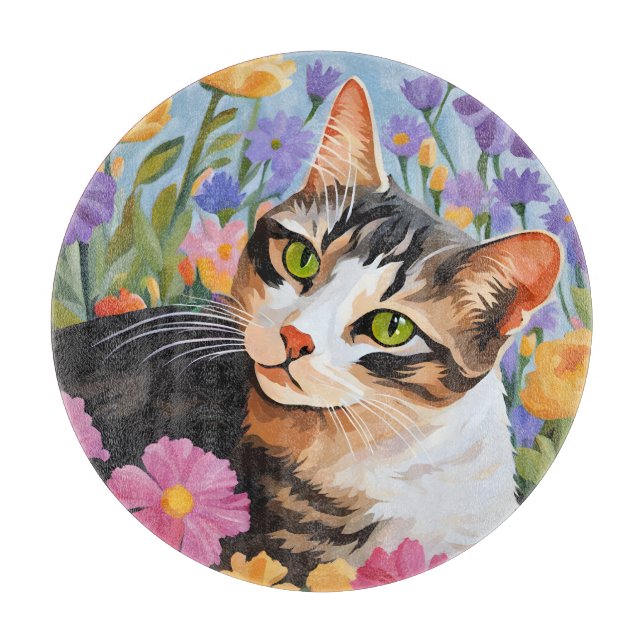 Planche À Découper Beau chat avec fleurs (Devant)