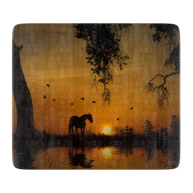 Planche À Découper Beau Cheval et coucher de soleil avec Pays aquatiq (Devant)