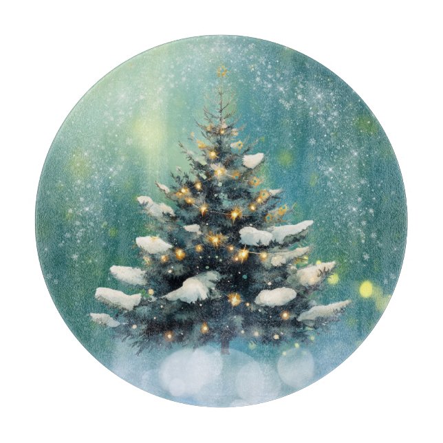 Planche À Découper Beau sapin de Noël avec lumières de neige et d'or (Devant)