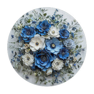 Planche À Découper Belle composition florale bleue et blanche