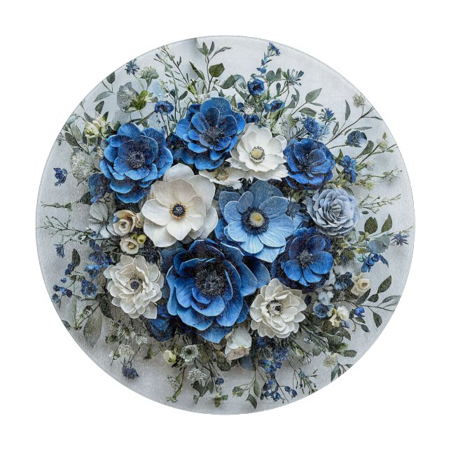 Planche À Découper Belle composition florale bleue et blanche (Devant)