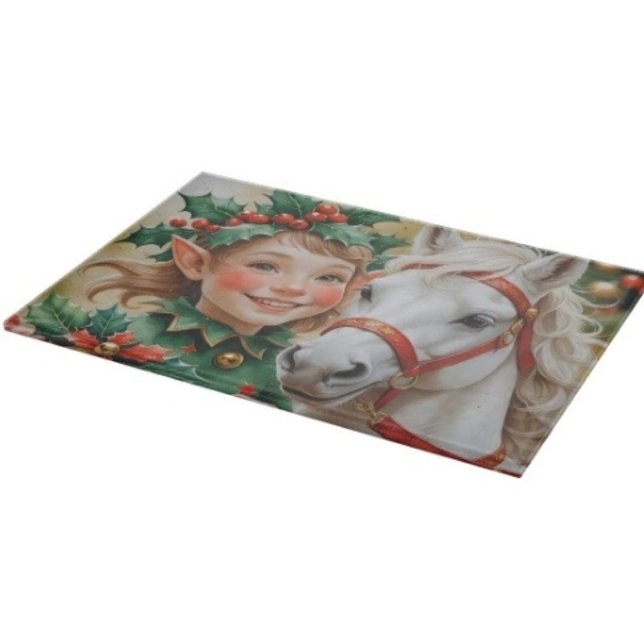 Planche À Découper Bells Holly et Elfe de Noël à cheval (Glass Cutting Board – 5 different sizes. 100% food safe.  tempered glass Non-skid rubber feet. 
)