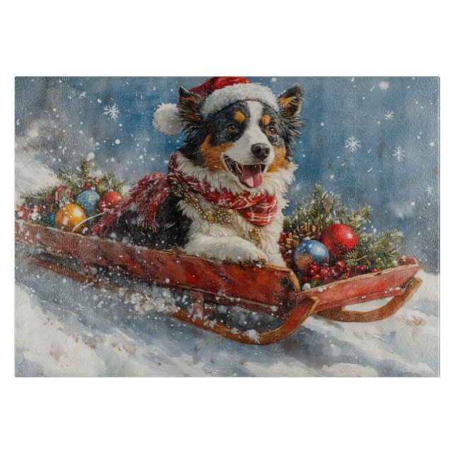 Planche À Découper Berger Australien en Traîneau Noël (Devant)