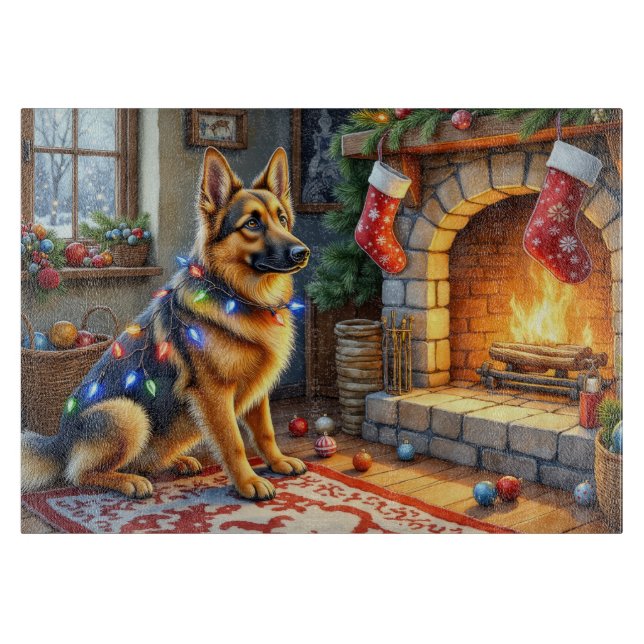 Planche À Découper Berger belge cheminée avec lumières de Noël (Devant)