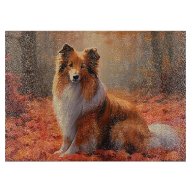 Planche À Découper Berger des Shetland dans les feuilles d'automne qu (Devant)