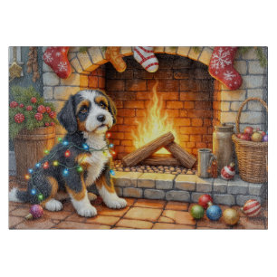 Planche À Découper Bernedoodle Cheminée avec Lumières de Noël